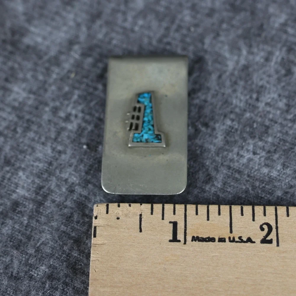 Turquoise Stone Inlay Mens Money Clip Silver Tone Bar Southwestern Jewelry Style
